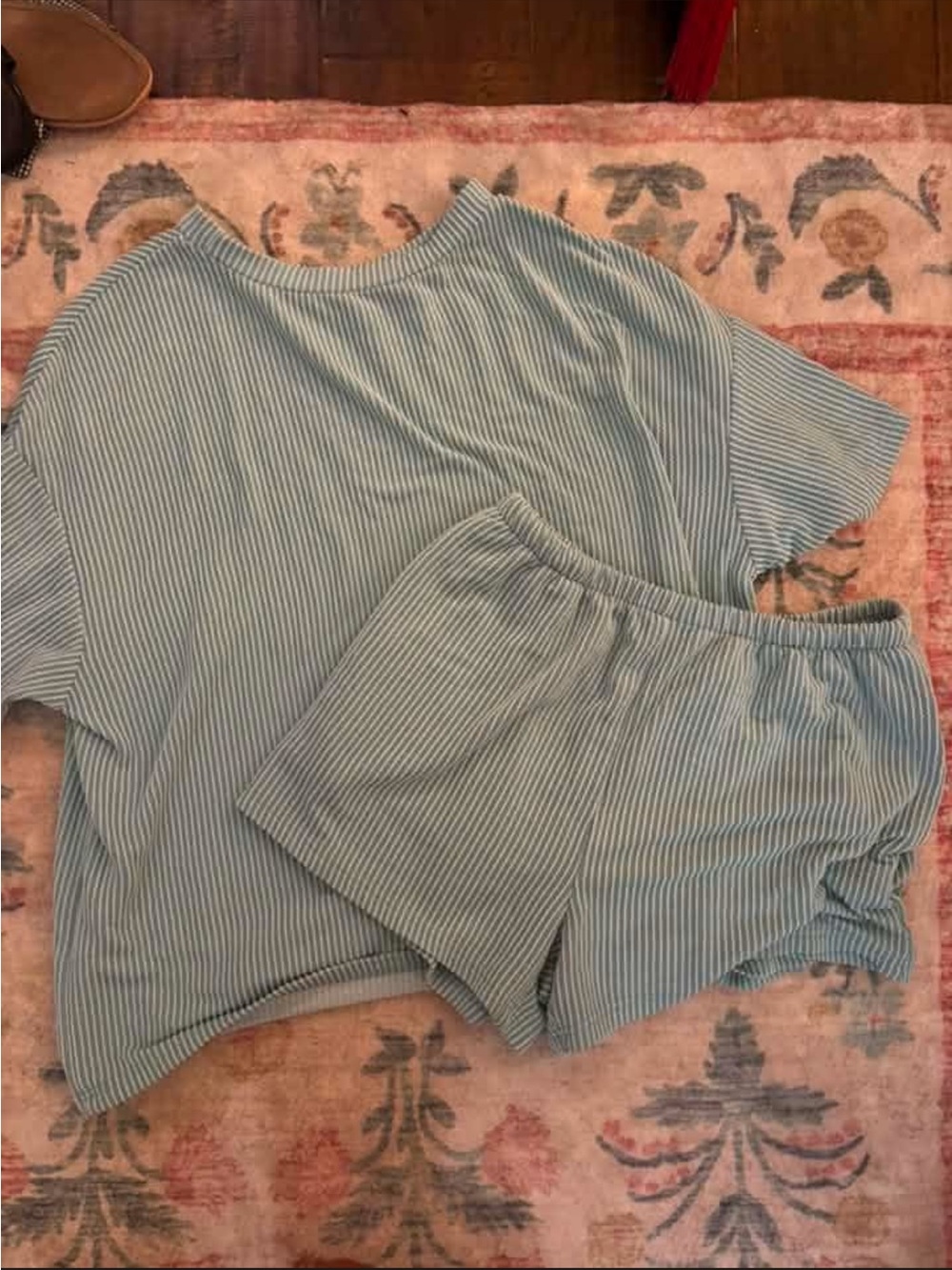Women’s Short Sleeve and Short Lounge Set - Light Turquoise Stripe